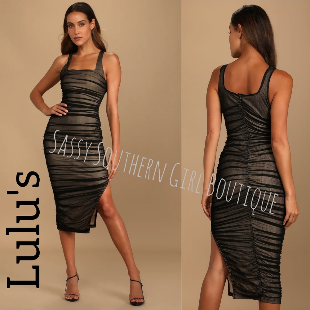 🆕⭐ Lulu's Black Mesh Overlay Midi Dress